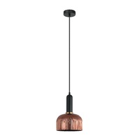 VINTAJ 1lt Dome Ribbed Glass Pendant with Brass Highlight & Black Round Canopy